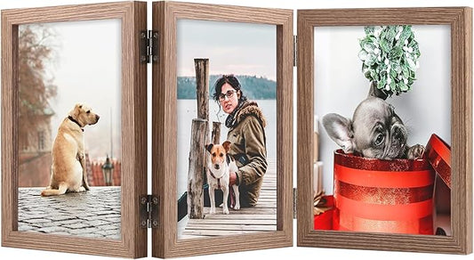 TOFOREVO 4x6 3 Picture Frame Triple Wooden Three Hinged Photo Frame Definition Glass Stand Vertically on Desktop or Tabletop