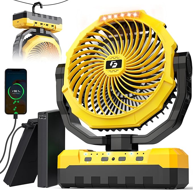 Korbot 36000mAh Portable Camping Fan - 120HRS Rechargeable Fan with Detachable Battery with LED & Remote - 4 Speeds Batter...