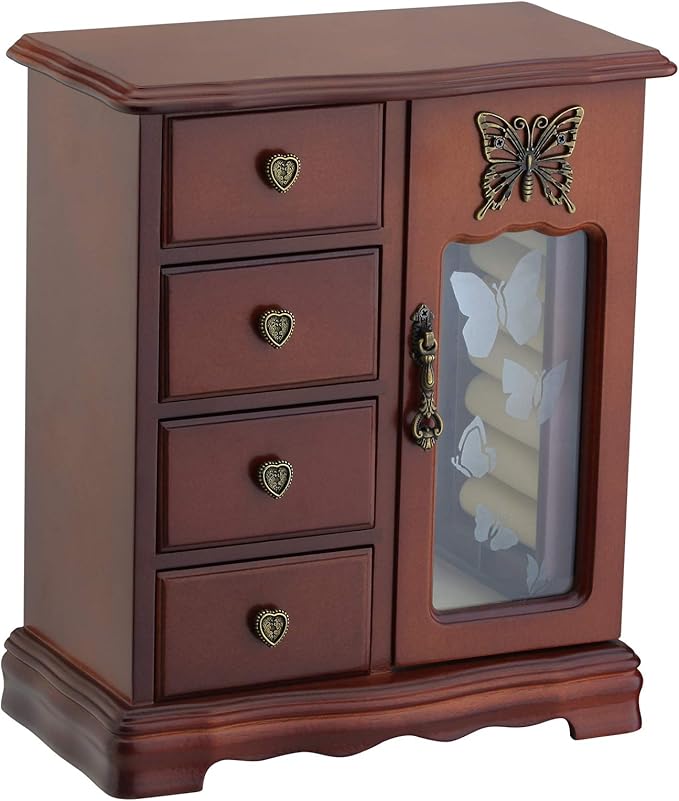 RR ROUND RICH DESIGN Solid Wooden Jewelry Box Makeup and Organizer Women Ring Storage with 4-Drawers Built-in Necklace Car...
