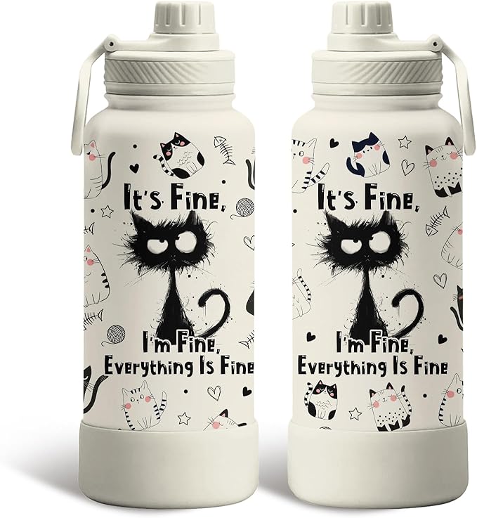 Cat Gifts for Women Girls - 34oz Black Cats Water Bottle, Everything Is Fine Cats Themed Insulated Travel Tumbler, Cute Co...