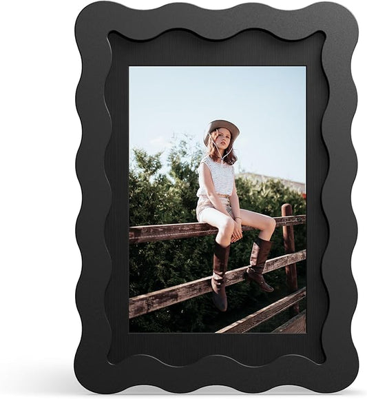 THKRLOF 4x6 Picture Frame with Mat for 3.5x5, Wavy Edge Wooden Real Glass Photo Frame for Tabletop and Wall Hanging, Blac...