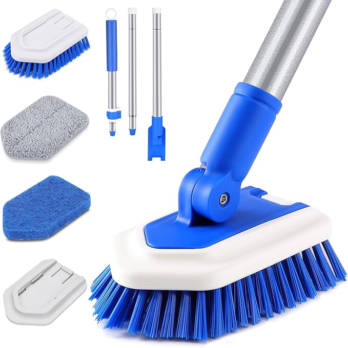 Lalafancy Shower Cleaning Brush with Locking Head, 3 in 1 Tub Tile Scrubber Brush with 50'' Extendable Long Handle Stiff B...
