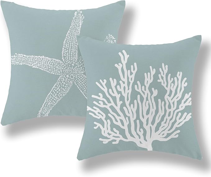 GOLIANDA Coastal Pillow Covers 18x18 Inch Set of 2 Blue Coral Starfish Throw Pillows Nautical Ocean Decorations Summer Lin...
