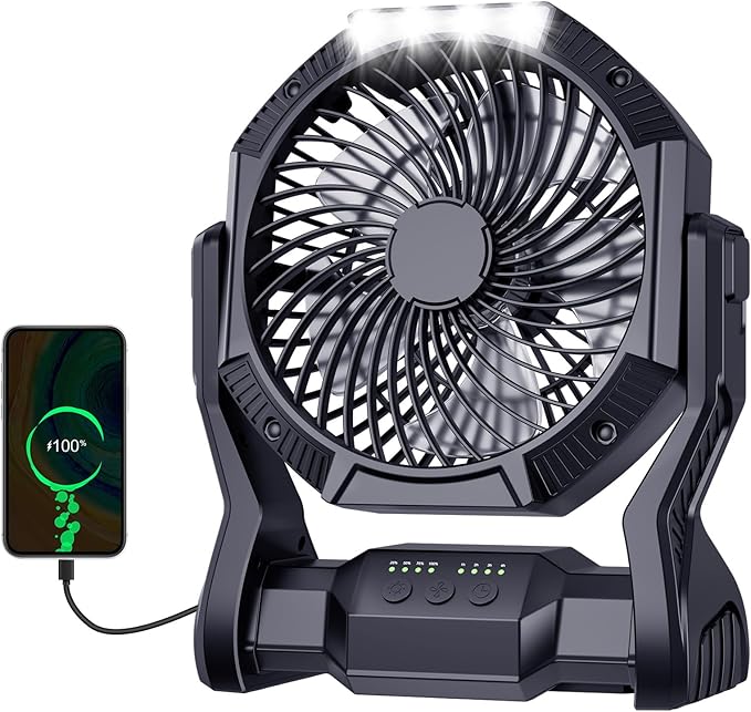 Portable Rechargeable Fan, 20000mAh Battery Powered Camping Fan with LED Light & Hook, 270° Adjustable, 4-Speed,4-Timer Ca...