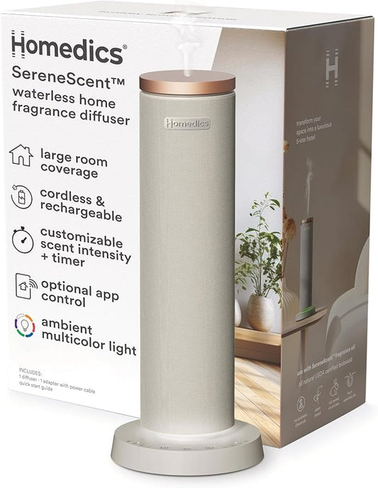 Homedics SereneScent Waterless Essential Oil Diffuser, Cordless Rechargeable Aromatherapy Diffuser for Home, Large Room Sc...