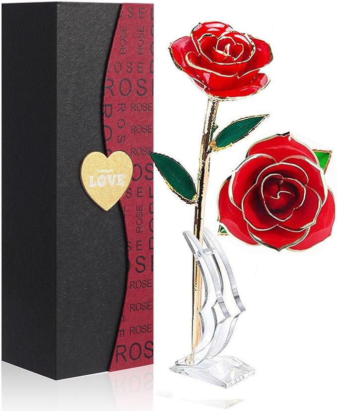Easegain Gold Dipped Rose 24k Red Gold Plated Rose - Everlasting Long Stem Real Rose Exquisite Holder, Romantic Gift for V...
