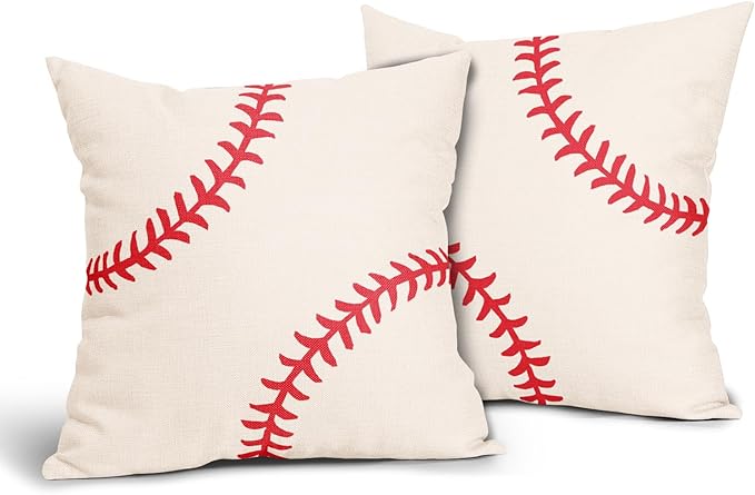 Vrysenium Baseball Pillow Covers 18x18 Inch Set of 2 Sport Themed Cotton Linen Decorative Throw Pillow Case Ball Stitches ...
