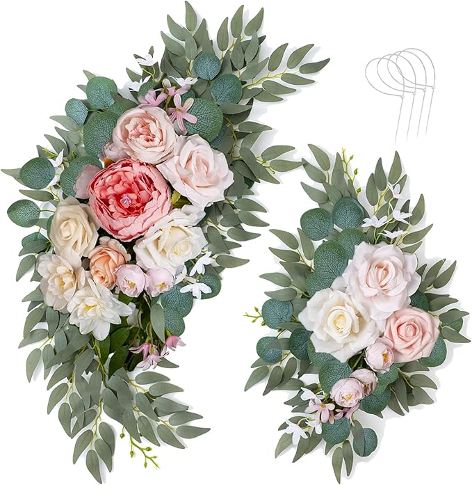 AitnWoy Artificial Wedding Arch Flowers Kit 2 PCS Dust Rose Flowers Silk Peony Floral Swag Welcome Sign for Wedding Ceremo...