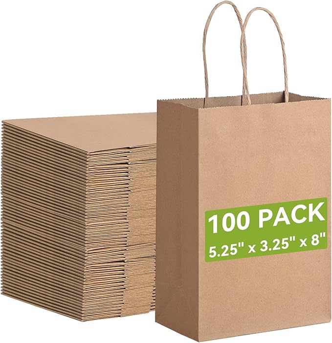Brothersbox Small Brown Paper Bags with Handles 100PCS, 5.25 * 3.25 * 8 Inch Kraft Gift Bags Bulk for Craft Shopping Busin...