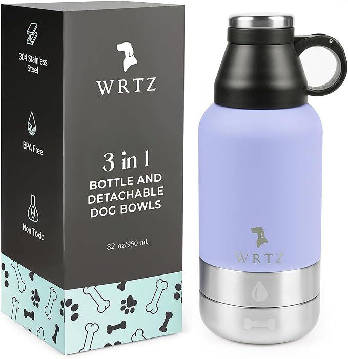 WRTZ Portable Dog Water Bottle with 2 Removable Water Bowls for Dogs – Leak-Proof Insulated Stainless Steel Dog Water Bott...