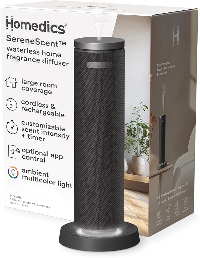 Homedics SereneScent Waterless Essential Oil Diffuser, Cordless Rechargeable Aromatherapy Diffuser for Home, Large Room Sc...