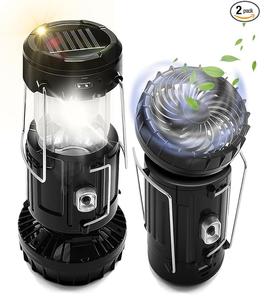 2-Pack Solar Camping Fan w/ Lantern, DIBMS Collapsible Solar Powered USB Rechargeable & Battery Powered Emergency Hanging ...