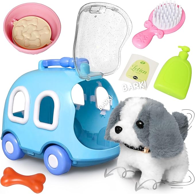 Kiddie Play Dog Toys for Kids Girls Barking Walking Dog Toy Puppy Pet Care Playset with Carrier and Accessories