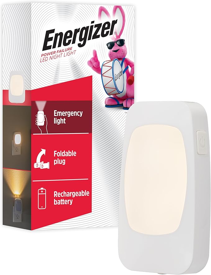 Energizer 4-in-1 LED Power Failure Night Light, 1 Pack, Plug-in, Light Sensing, Auto On/Off, Foldable Plug, Soft White, Em...