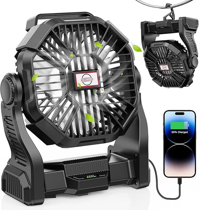 DOWILLDO 15000mAh Portable Battery Powered Camping Fan - with LED Light, Quiet Battery Operated, Camping Gear for Travel, ...