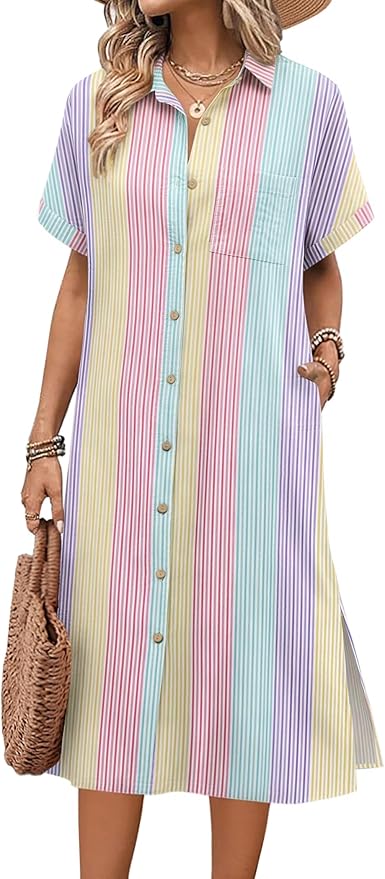 HOTOUCH Womens Dress Summer Casual Midi Short Sleeve Button Down Shirt Dresses Loose Beach Cover Up with Pockets