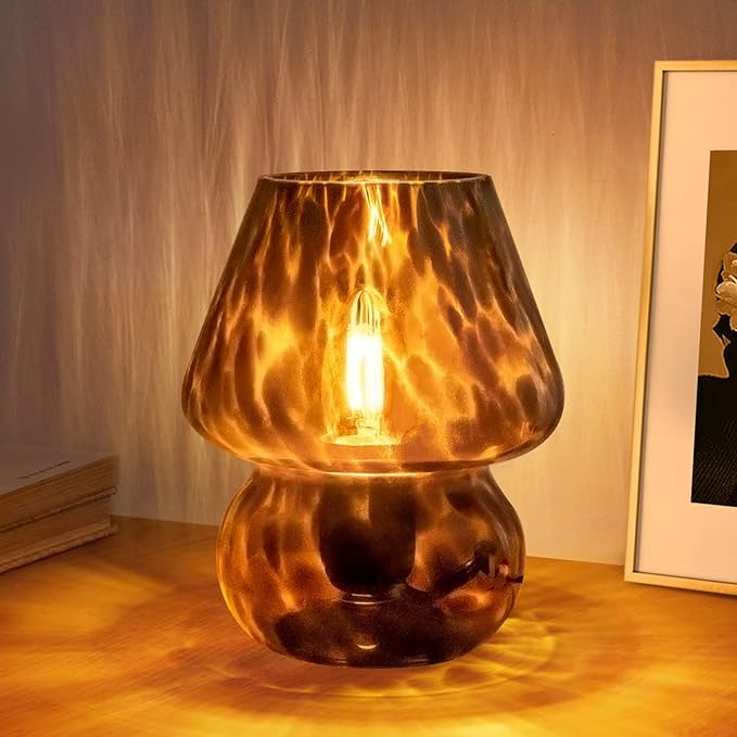 ONEWISH Mushroom Lamp Small Vintage Table Lamp for Bedroom Nightstand, Bedside Lamp Translucent Glass Stepless Dimmable, M...