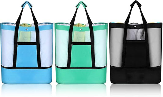 Oudain 3 Pcs Beach Bag with Cooler Mesh Beach Tote with Insulated Cooler and Pocket Waterproof Sandproof Beach Tote Bag Sw...