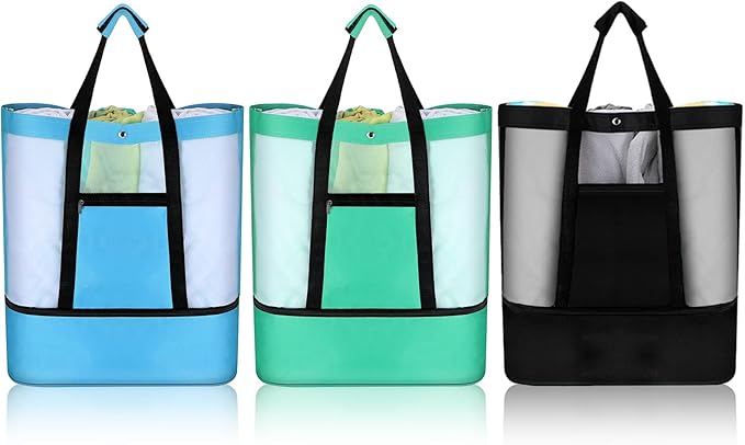 Oudain 3 Pcs Beach Bag with Cooler Mesh Beach Tote with Insulated Cooler and Pocket Waterproof Sandproof Beach Tote Bag Sw...