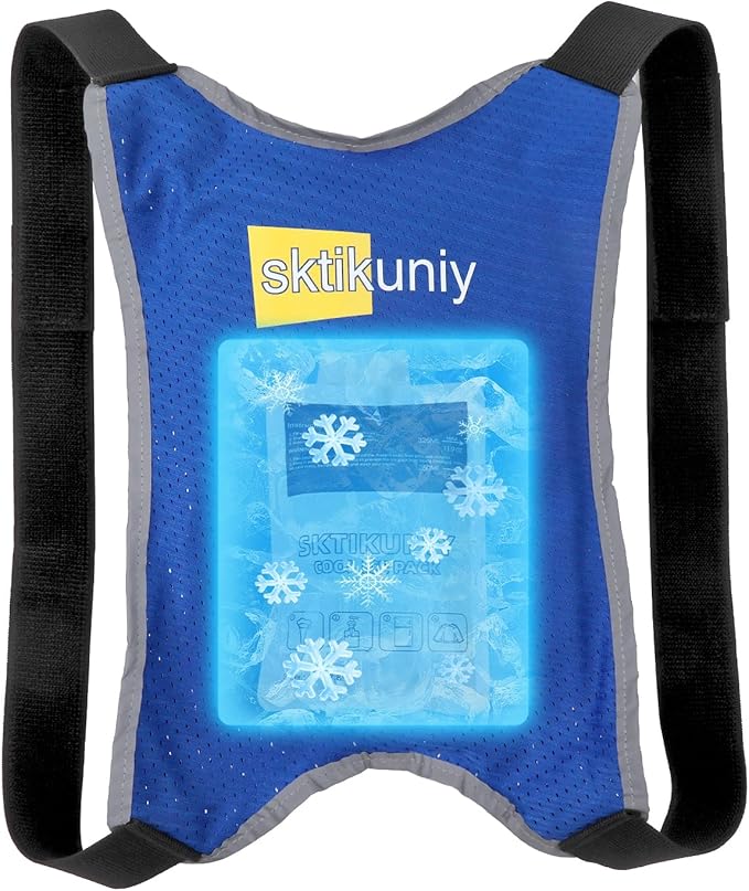 Sktikuniy Cooling Vest with 3 Ice Packs, Lightweight Breathable Design, Adjustable Shoulder Straps, Reflective Trim, Blue