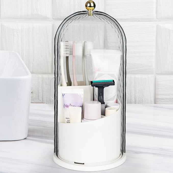 QIYVLOS Toothbrush Holders with Sliding Lid, Rotating 3 Slots Bathroom Organizer Countertop, Tooth Brush Toothpaste Holder...