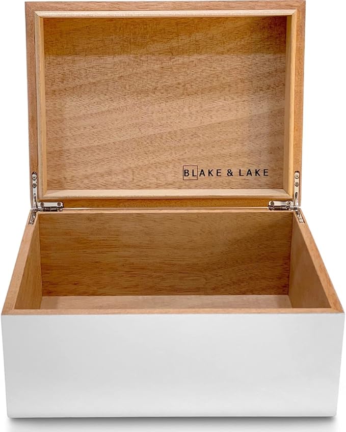 Blake & Lake Large Wooden Keepsake Box - White, Hinged Lid - Decorative Storage Box for Jewelry and More