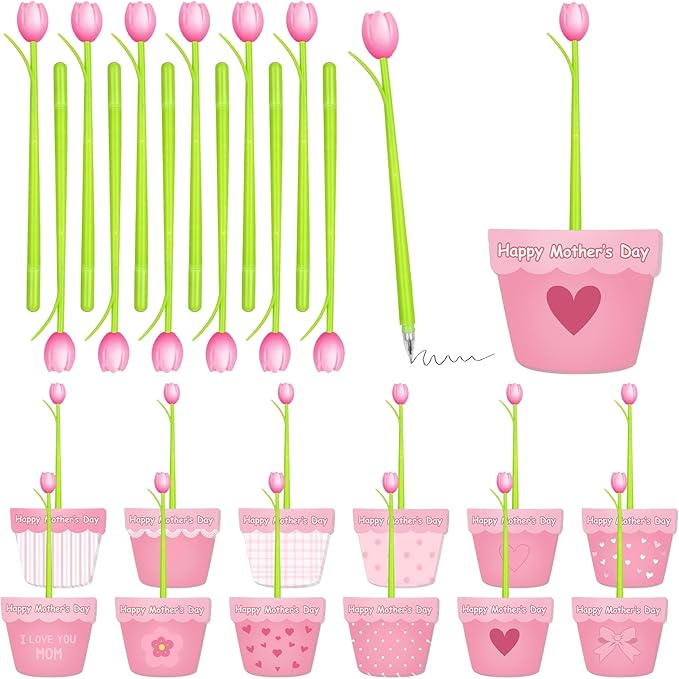 24 Set Mother's Day Sticky Notes and Pens Set Flower Pot Sticky Notes Change Color Tulip Ballpoint Pens Mother’s Day Stati...