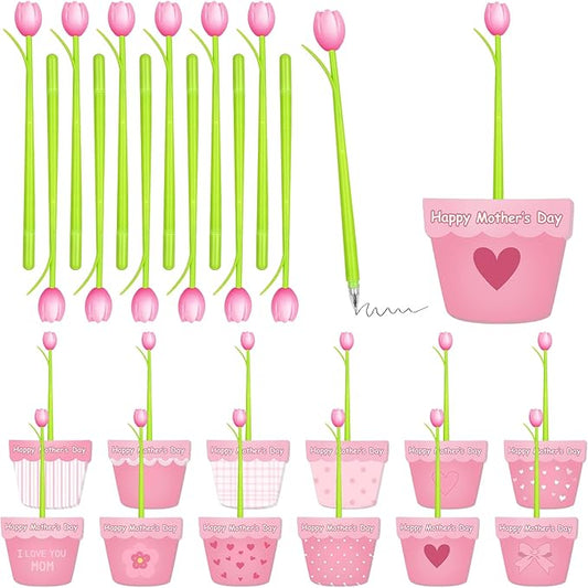 24 Set Mother's Day Sticky Notes and Pens Set Flower Pot Sticky Notes Change Color Tulip Ballpoint Pens Mother’s Day Stati...
