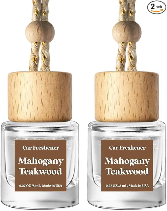 C Classy Car Air Freshener Hanging 2 Pack, Mahogany Teakwood Essential Oil Diffuser, Cute Glass Bottle, Long-Lasting Fragr...