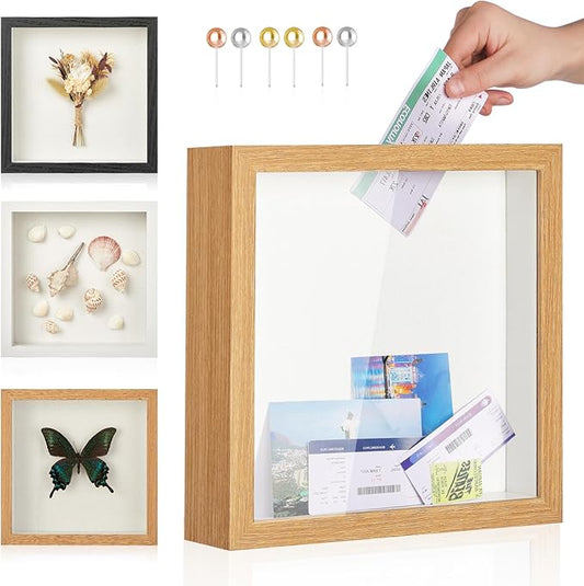 MUXIUNT Travel Adventure Challenge Archive Shadow Box Picture Frame with Slot,12x12 Travel Ticket Card Memory Box for Keep...