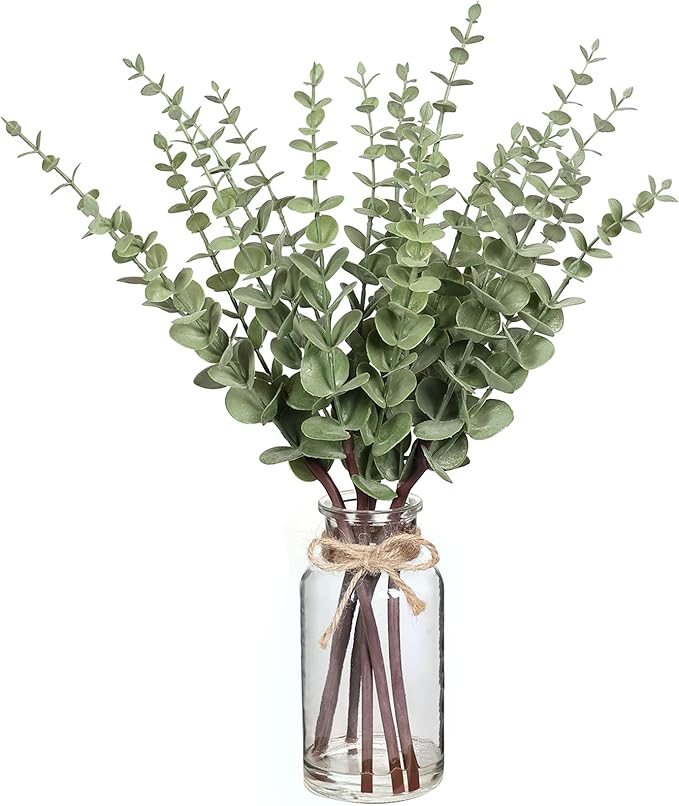 VIERENA 17.5" Artificial Eucalyptus Stems in Glass Vase with Faux Water,Fake Plant Eucalyptus Leaves White Seeds for Cente...