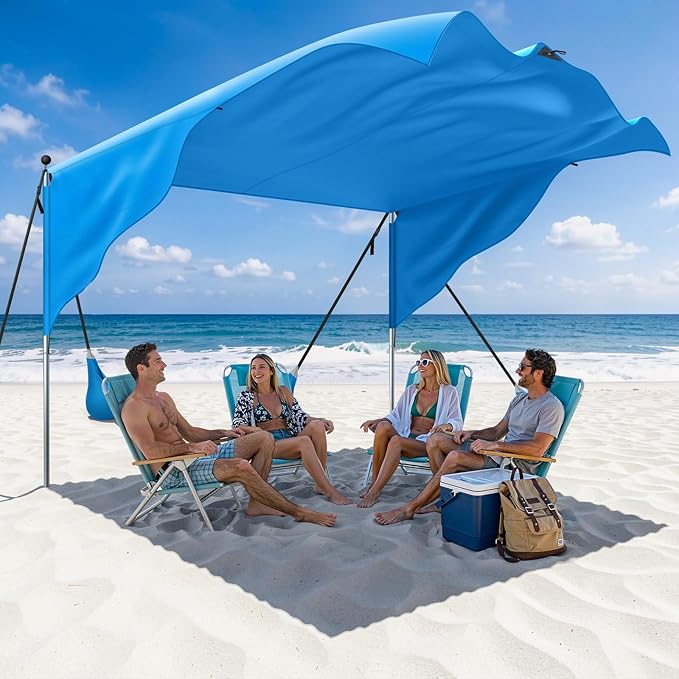 MoKo Beach Shade Canopy, 100 Sq.Ft. Wind-Supported Sunshade Sail for 4-6 People, Lightweight Easy Setup Beach Tent with UP...