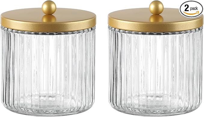 KMwares Matte Golden Yellow Set of 2 Glass Qtip Holder Dispenser Set for Cotton Ball, Swab, Round Pads, Floss Picks - Bath...