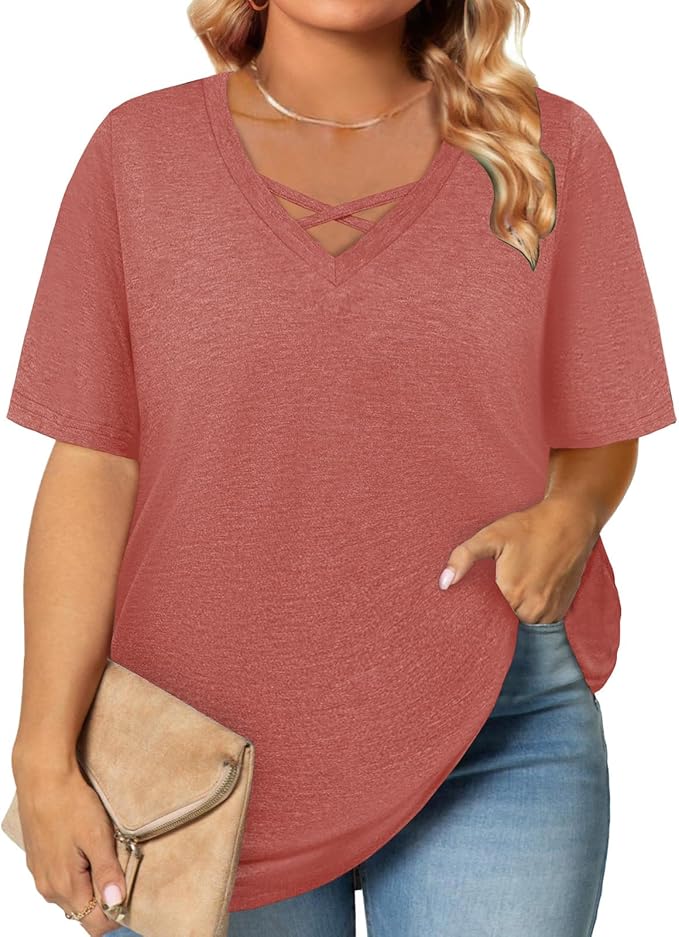 Plus Size Tops for Women Summer Trendy Criss Cross Shirts Oversized Casual Loose Fit Tunic Tops L-4XL