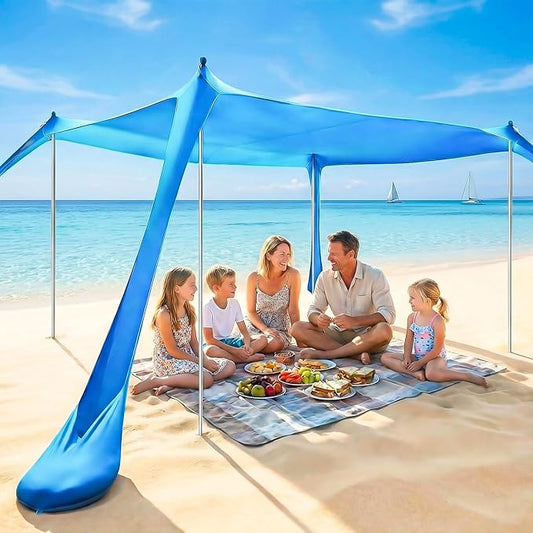 Beach Tent Canopy UPF50+ Protection, 10x10FT Beach Shade Sun Shelter Pop Up with 4 Stability Poles, Sandbags, Sand Shovel...