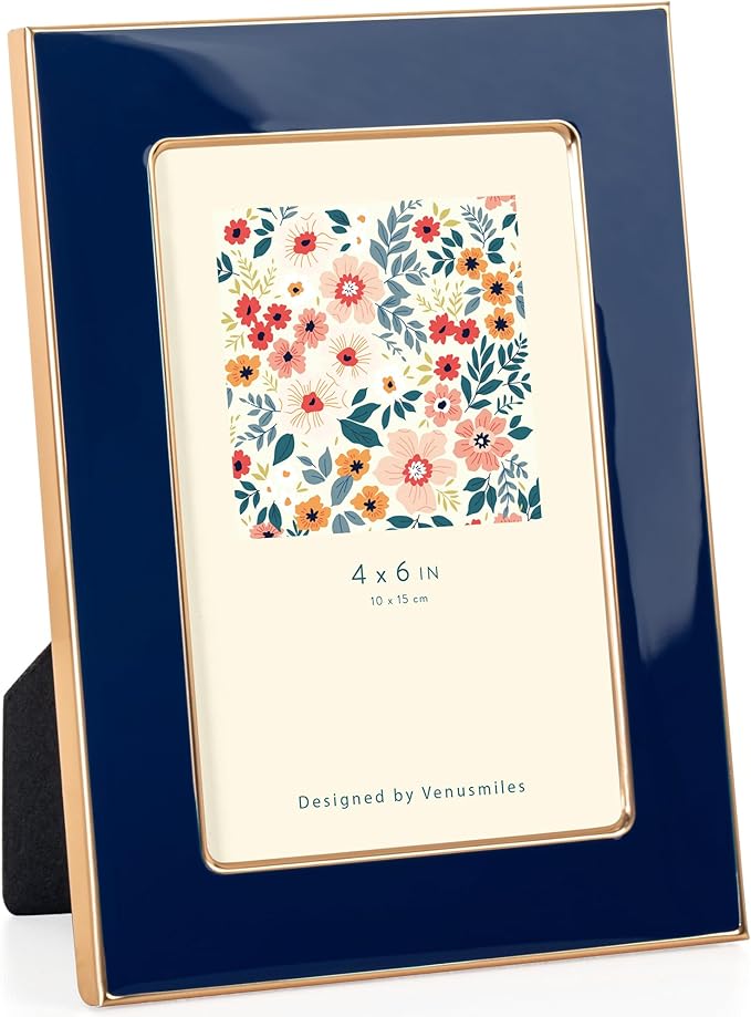 Venusmiles 4x6 Enamel Picture Frame, Gold Metal Edge with Easel, Real Glass Photo Frame for Wall and Tabletop Display Fami...