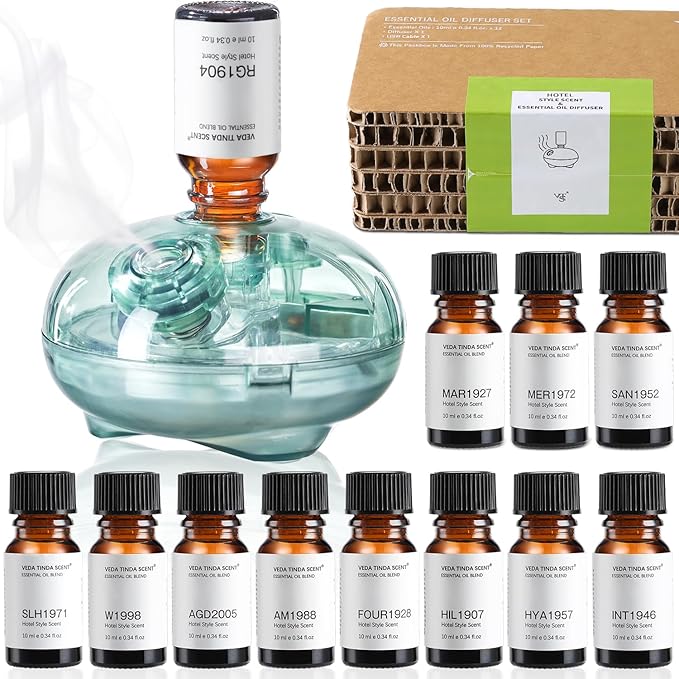 VEDA TINDA SCENT Waterless Diffuser with 12 Pack Hotel Fragrance Oils, Battery Operated Nebulising Diffuser for Home, Luxu...