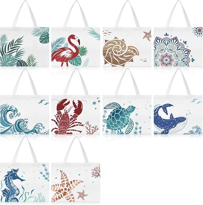 SATINIOR 10 Pcs Beach Theme Canvas Totes Bags Gifts Shopping Bags Reusable Grocery Handbags for Women Travel Cruise Wedding