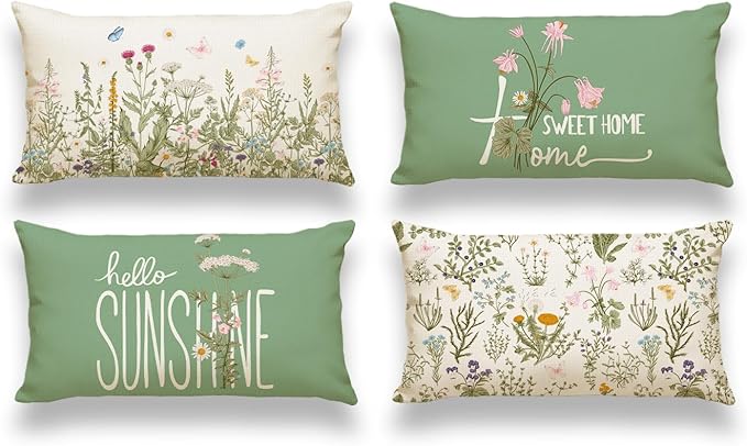 Miuyunya Spring Decorative Throw Pillow Covers Set of 4 Sage Green Couch Pillows Square Linen Wild Flower Plant Cushion Co...