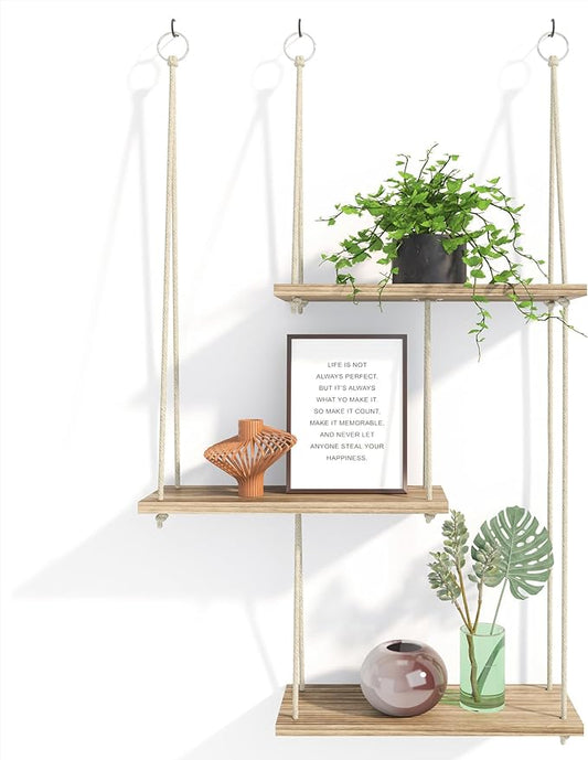 Fixwal Hanging Plant Shelves for Wall, 3 Tier Boho Wall Decor Plant Rack Floating Shelves Rope Rustic Wood Organizer Stora...