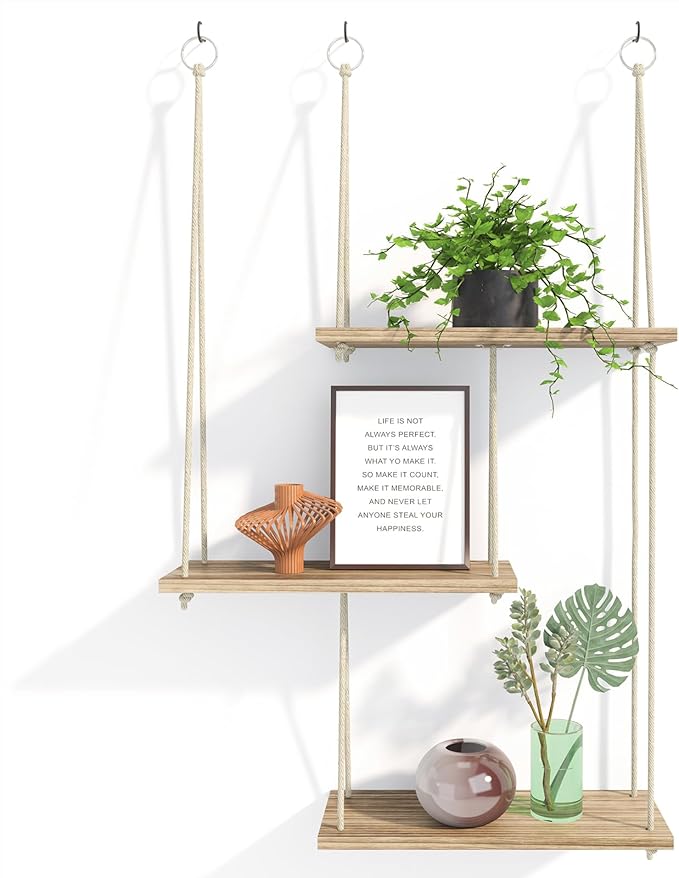 Fixwal Hanging Plant Shelves for Wall, 3 Tier Boho Wall Decor Plant Rack Floating Shelves Rope Rustic Wood Organizer Stora...