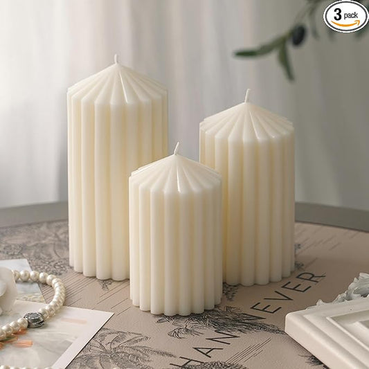 3 Pack White Ribbed Pillar Candles - Soy Wax Unscented, 2.76" x4.2/4.9/5.9 in Smokeless Non Toxic Cotton Wick, Aesthetic M...