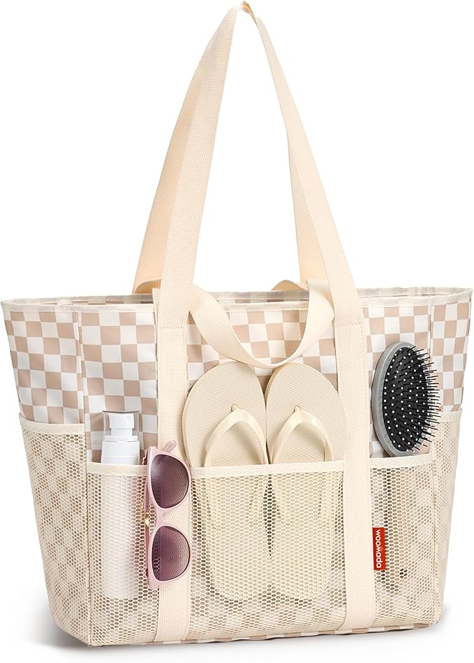 WOOMADA Large Mesh Beach Tote -Tote Bag for Towels & Vacation Essentials