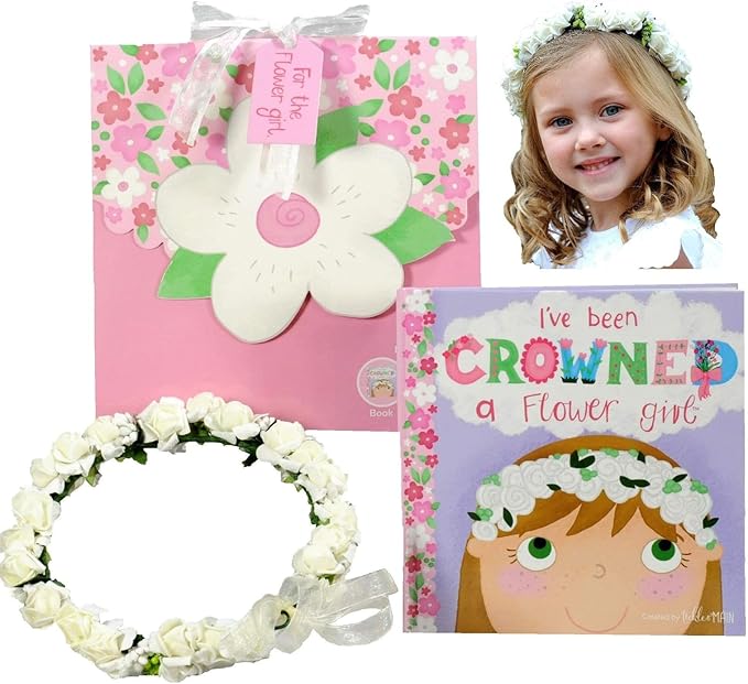 Tickle & Main Personalized Flower Girl Proposal Book & Crown Set - Silk Organza Floral Headband, Ages 1+ - Gift Box - Than...