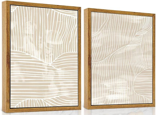 ARTZIO Framed Canvas Wall Art–Abstract Mid‑Century Minimalist Boho Vintage Set of 2 Beige Prints,Ready to Hang for Living ...