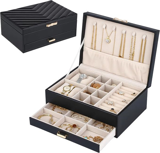 HofferRuffer Jewelry Box with Drawer for Women‌ Girls, Faux Leather Storage Jewelry Organizer Jewelry Case with Two Layers...