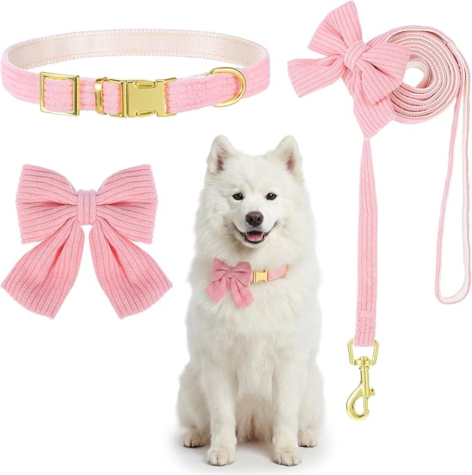 2pcs Dog Collar and Leash Set with Bowtie Cute Small Dog Collar Harness Leash Set Adjustable Breathable Soft Padded for Sm...