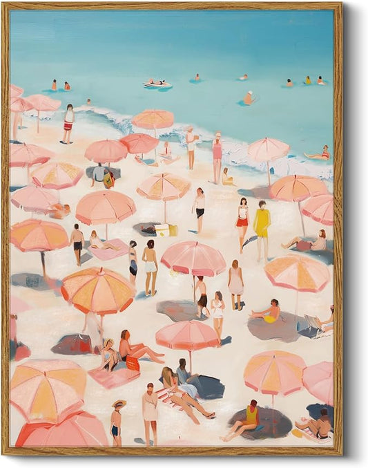HUARCEY Colorful Seaside Vacation Vibes 12x16 Framed Canvas Wall Art, Retro People and Pink Umbrellas Summer Coastal Prin...