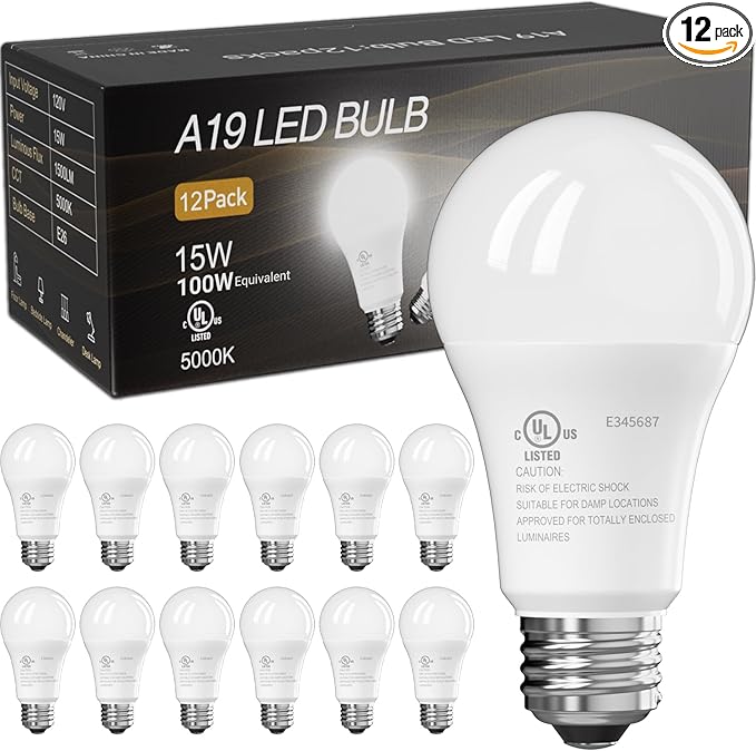 TJOY 12 Pack LED Light Bulbs, 100 Watt Equivalent A19, 5000K Daylight LED Bulb, 15W Bright White Energy Saving Lightbulbs ...