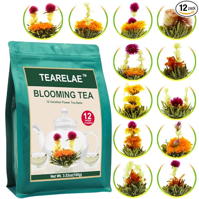 TEARELAE Blooming Tea Flowers - 12pcs Individually Sealed Flowering Balls - Hand-Tied Natural Green Tea Leaves & Edible Fl...